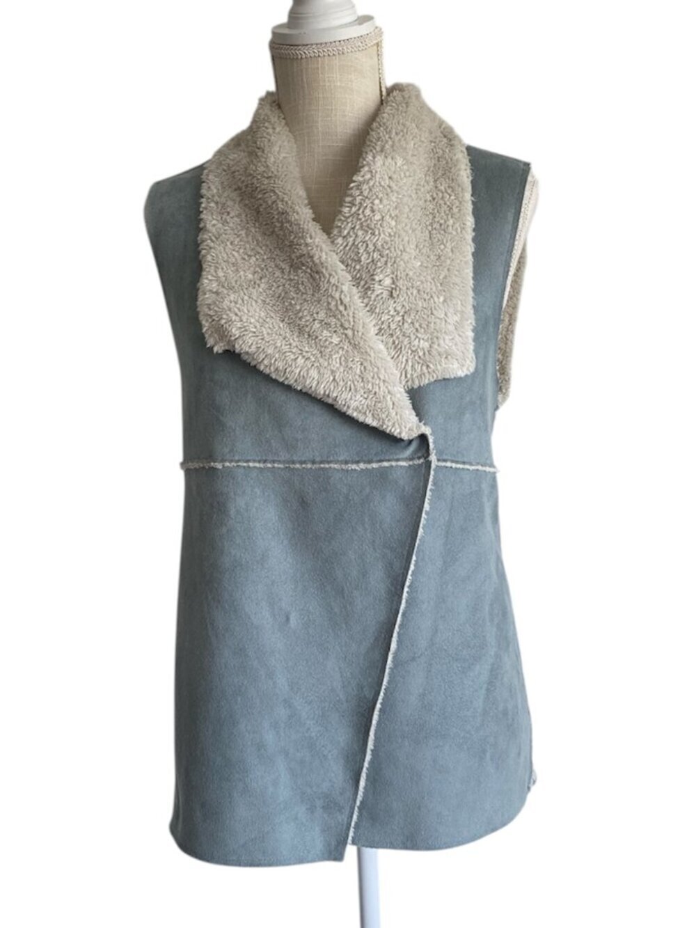 Edin Faux Suede Dusty Blue Faux Fur Lined Vest Sz S